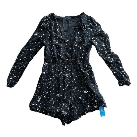 Cupshe Black Silver Glitter Star Print Peasant Sleeve Romper Black Silver Stars - Picture 2 of 9